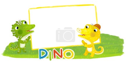 Téléchargez les photos : Scène de dessin animé avec des dinosaures dino ou des dragons amis jouer à s'amuser enfance sur fond blanc avec de l'espace pour l'illustration de texte pour les enfants - en image libre de droit