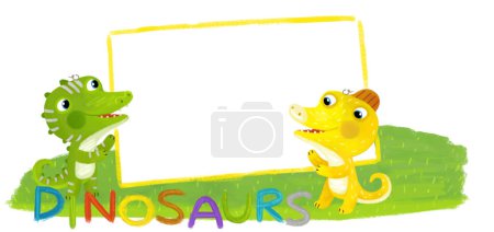 Foto de Escena de dibujos animados con dinosaurios dino o dragones amigos jugando divertirse infancia sobre fondo blanco con espacio para la ilustración de texto para niños - Imagen libre de derechos
