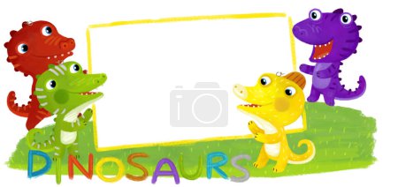 Téléchargez les photos : Scène de dessin animé avec des dinosaures dino ou des dragons amis jouer à s'amuser enfance sur fond blanc avec de l'espace pour l'illustration de texte pour les enfants - en image libre de droit