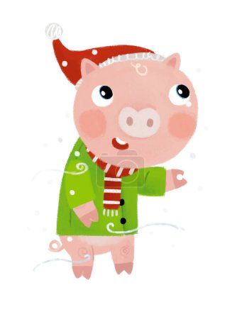Téléchargez les photos : Scène de dessin animé avec heureux petit cochon sur la neige s'amuser dans l'illustration d'hiver pour les enfants - en image libre de droit