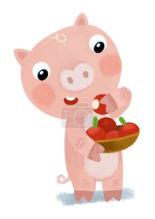 Téléchargez les photos : Scène de dessin animé avec fermier heureux ranch porc panier d'exploitation porcine plein de pommes et de manger illustration pour les enfants - en image libre de droit