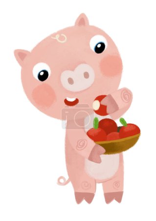 Photo for Cartoon scene with happy farmer ranch pig hog holding basket full of apples and eating illustration for kids - Royalty Free Image