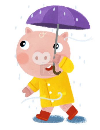Téléchargez les photos : Scène de dessin animé avec heureux garçon de porc fermier sur le voyage avec parapluie sous la pluie heureux de s'amuser dans l'illustration de manteau de pluie jaune pour les enfants - en image libre de droit