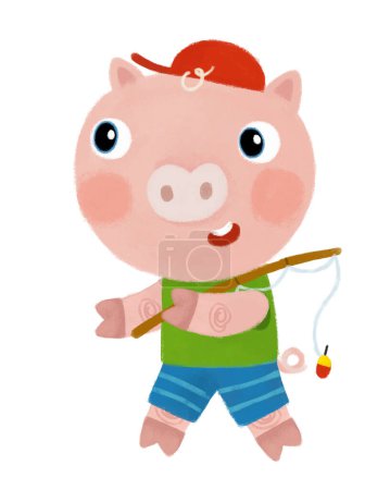 Foto de Escena de dibujos animados con niño cerdo granja caminando a pescar y sonriendo y mirando en Dungerees ilustración para niños - Imagen libre de derechos