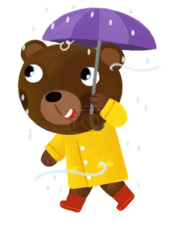 Foto de Escena de dibujos animados con niño oso feliz en el viaje con paraguas en la lluvia feliz divertirse en amarillo capa de lluvia ilustración para niños - Imagen libre de derechos