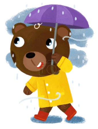 Photo for Cartoon scene with happy bear boy on the trip with umbrella in the rain happy having fun in yellow raining coat illustration for kids - Royalty Free Image