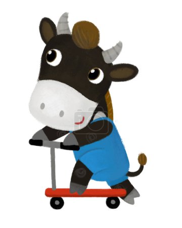 Téléchargez les photos : Scène de dessin animé avec ferme vache taureau garçon buffle équitation sur scooter transport illustration pour les enfants - en image libre de droit