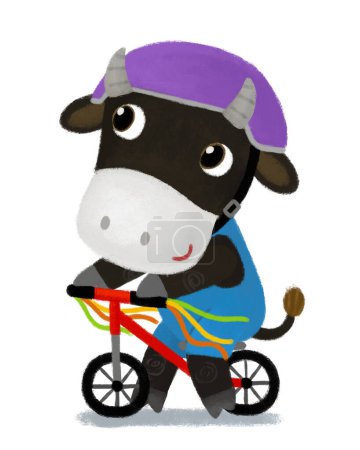 Téléchargez les photos : Scène de dessin animé avec garçon de ferme vache taureau chevauchant sur une illustration de vélo pour les enfants - en image libre de droit