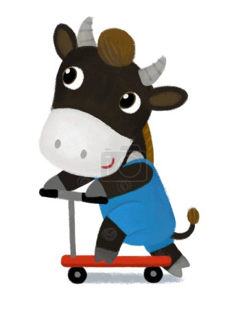 Téléchargez les photos : Scène de dessin animé avec ferme vache taureau garçon buffle équitation sur scooter transport illustration pour les enfants - en image libre de droit
