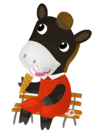 Foto de Escena de dibujos animados con niña vaca comiendo helado sentado en el banco ilustración para niños - Imagen libre de derechos