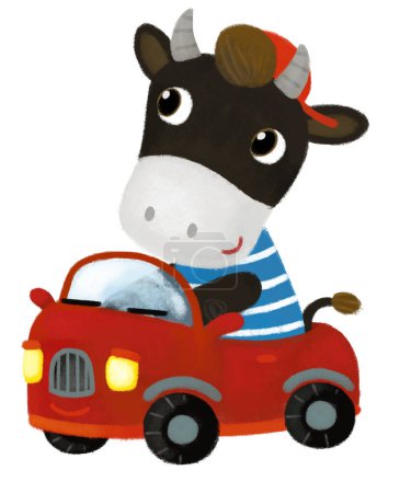 Téléchargez les photos : Scène de dessin animé avec ferme vache taureau garçon enfant conduite voiture transport illustration pour les enfants - en image libre de droit