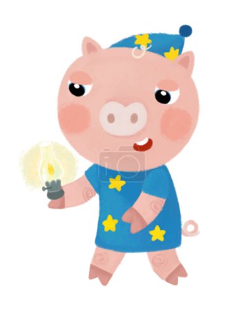 Foto de Escena de dibujos animados con niño cerdo granja de pie sonriendo y mirando muy somnoliento con ilustración de la lámpara para los niños - Imagen libre de derechos