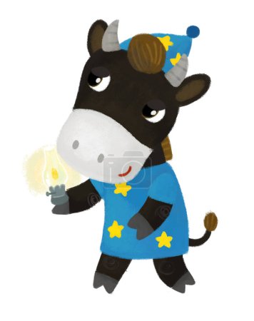 Foto de Escena de dibujos animados con granja toro vaca niño de pie sonriendo y mirando en dungerees ilustración para niños - Imagen libre de derechos