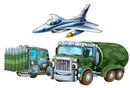 Photo for Cartoon scene with two military army cars vehicles and flying jet fighter plane theme isolated background illustration for kids - Royalty Free Image