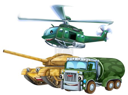 Téléchargez les photos : Scène de dessin animé avec deux véhicules militaires de l'armée de terre et vol thème hélicoptère isolé illustration de fond pour les enfants - en image libre de droit