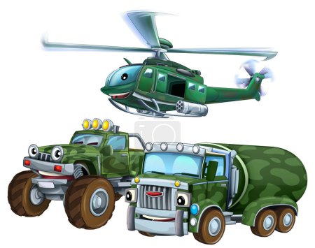 Téléchargez les photos : Scène de dessin animé avec deux véhicules militaires de l'armée de terre et vol thème hélicoptère isolé illustration de fond pour les enfants - en image libre de droit