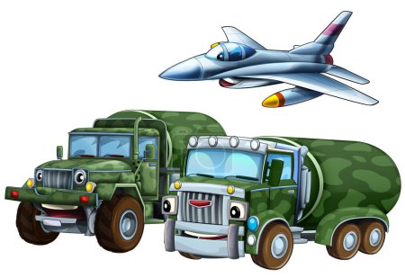 Téléchargez les photos : Scène de dessin animé avec deux véhicules militaires de l'armée de terre et avion de chasse à réaction volant thème isolé illustration de fond pour les enfants - en image libre de droit