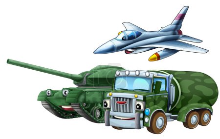 Téléchargez les photos : Scène de dessin animé avec deux véhicules militaires de l'armée de terre et avion de chasse à réaction volant thème isolé illustration de fond pour les enfants - en image libre de droit