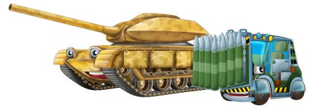 Foto de Escena de dibujos animados con dos vehículos militares del ejército con el tema de la carretilla elevadora ilustración de fondo aislado para los niños - Imagen libre de derechos