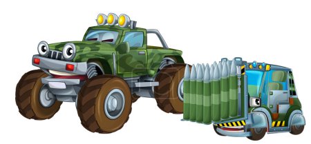 Téléchargez les photos : Scène de dessin animé avec deux véhicules militaires de l'armée avec thème chariot élévateur illustration de fond isolé pour les enfants - en image libre de droit