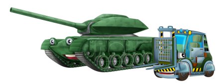 Téléchargez les photos : Scène de dessin animé avec deux véhicules militaires de l'armée avec thème chariot élévateur illustration de fond isolé pour les enfants - en image libre de droit
