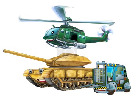 Photo for Cartoon scene with two military army cars vehicles tank cistern with forklift and flying machine helicopter mechanical soldiers theme isolated background illustration for kids - Royalty Free Image