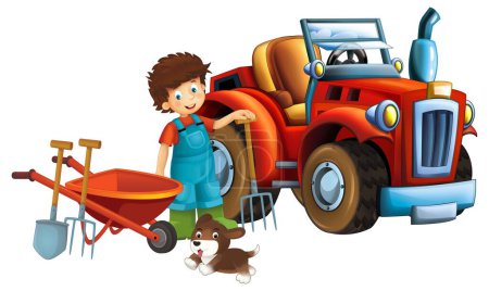 Photo for Cartoon scene young boy near wheelbarrow and tractor car for different tasks farm animal dog playing farming tools illustration for children - Royalty Free Image