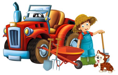 Photo for Cartoon scene young boy near wheelbarrow and tractor car for different tasks farm animal cat playing farming tools illustration for children - Royalty Free Image