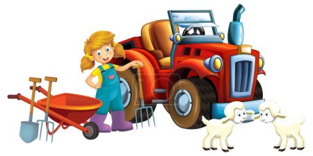 Foto de Escena de dibujos animados niña cerca de carretilla y coche tractor para diferentes tareas granja animal oveja jugando herramientas agrícolas ilustración para los niños - Imagen libre de derechos