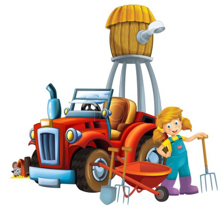 Cartoon-Szene junges Mädchen in der Nähe von Schubkarre und Traktorauto für verschiedene Aufgaben Nutztier Maus Ratte Nagetier beim Spielen landwirtschaftlicher Geräte Wassersilo Illustration für Kinder