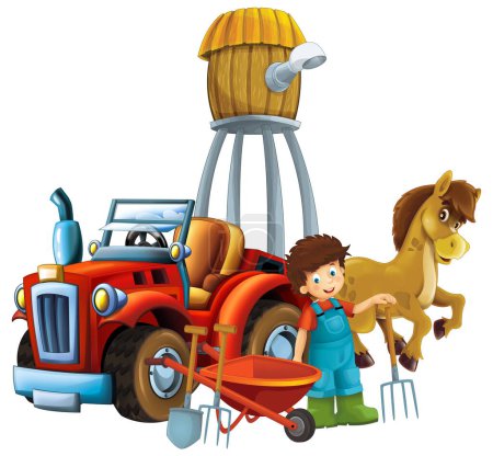 Téléchargez les photos : Scène de dessin animé jeune garçon près de brouette et tracteur voiture pour différentes tâches ferme animal cheval jouant outils agricoles illustration pour les enfants - en image libre de droit