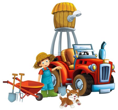 Téléchargez les photos : Scène de dessin animé jeune garçon près de brouette et tracteur voiture pour différentes tâches ferme animal chat jouer outils agricoles illustration pour les enfants - en image libre de droit