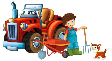 Photo for Cartoon scene young boy near wheelbarrow and tractor car for different tasks farm animal cat playing farming tools illustration for children - Royalty Free Image