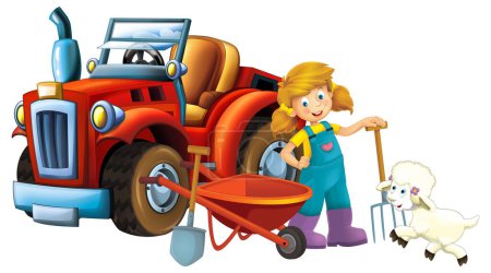 Photo for Cartoon scene young girl near wheelbarrow and tractor car for different tasks farm animal sheep playing farming tools illustration for children - Royalty Free Image