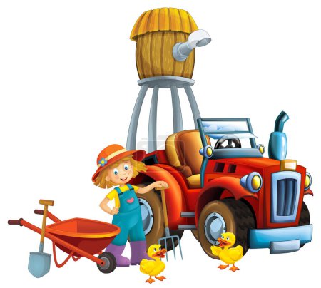 Foto de Escena de dibujos animados niña cerca de carretilla y coche tractor para diferentes tareas granja animal pato pollo jugando herramientas de cultivo silo de agua ilustración para niños - Imagen libre de derechos