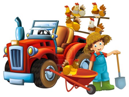 Photo for Cartoon scene young boy near wheelbarrow and tractor car for different tasks farm animal hen chicken bird playing farming tools illustration for children - Royalty Free Image