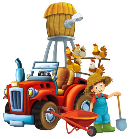 Téléchargez les photos : Scène de dessin animé jeune garçon près de brouette et tracteur voiture pour différentes tâches ferme animal poule poulet oiseau jouant outils agricoles illustration pour les enfants - en image libre de droit
