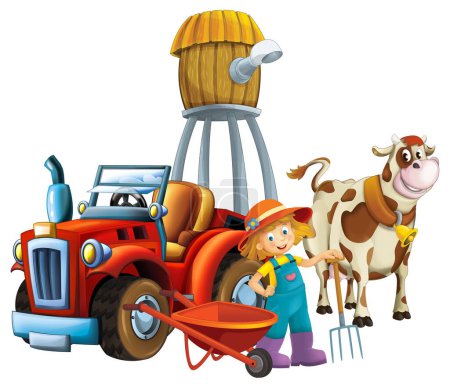 Foto de Escena de dibujos animados niña cerca de carretilla y coche tractor para diferentes tareas granja animal vaca jugando herramientas de cultivo silo de agua ilustración para niños - Imagen libre de derechos