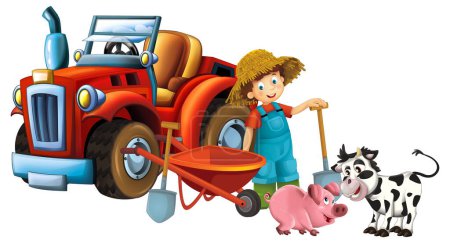 Téléchargez les photos : Scène de dessin animé jeune garçon près de brouette et tracteur voiture pour différentes tâches ferme animal veau et porc jouant outils agricoles illustration pour les enfants - en image libre de droit