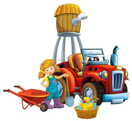 Téléchargez les photos : Cartoon scene young girl near wheelbarrow and tractor car for different tasks farm animal duck swimming playing farming tools water silo illustration for children - en image libre de droit