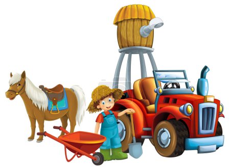 Téléchargez les photos : Scène de dessin animé jeune garçon près de brouette et tracteur voiture pour différentes tâches ferme animal cheval jouant outils agricoles illustration pour les enfants - en image libre de droit