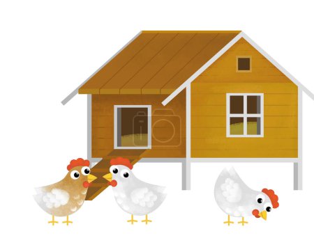 Photo for Cartoon scene with farm element farm wooden house home chicken coop with birds rooster hens isolated background illustration for kids - Royalty Free Image