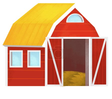 Cartoon-Szene mit hölzernen Bauernhof Gebäude rote Scheune Stall Haus bunte Bretter isoliert Hintergrund Illustration für Kinder