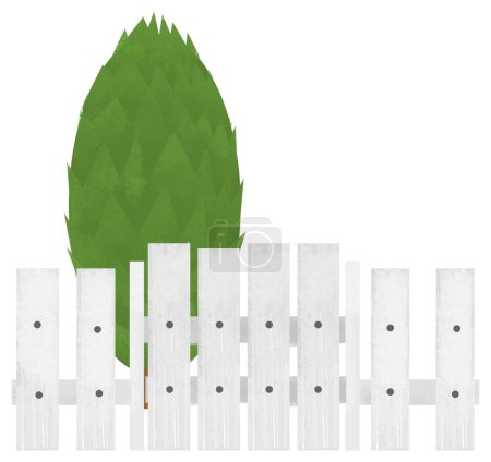 Téléchargez les photos : Scène de dessin animé avec des planches de clôture traditionnelle en bois arbre illustration de fond isolé pour les enfants - en image libre de droit