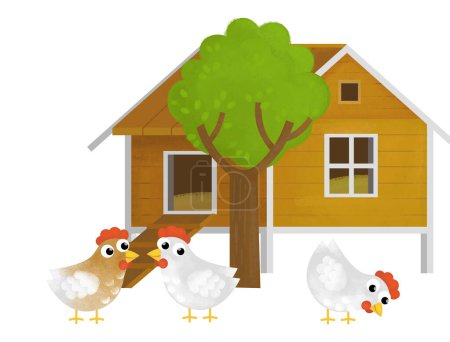 Foto de Escena de dibujos animados con granja elemento granja casa de madera gallinero con gallinas gallo aves fondo aislado ilustración para niños - Imagen libre de derechos