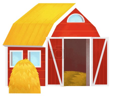Téléchargez les photos : Scène de bande dessinée avec bâtiment de ferme en bois rouge étable maison planches colorées illustration de fond isolé pour les enfants - en image libre de droit