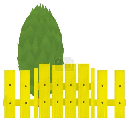 Foto de Escena de dibujos animados con tablones de madera tradicional granja valla árbol aislado fondo ilustración para niños - Imagen libre de derechos