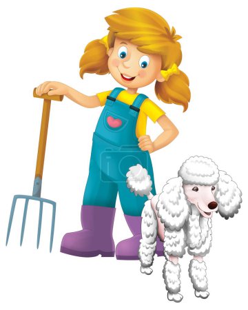 Foto de Escena de dibujos animados con chica campesina de pie con horquilla y animal de granja aislado fondo ilustración para niños - Imagen libre de derechos