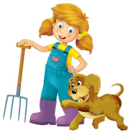 Foto de Escena de dibujos animados con chica campesina de pie con horquilla y animal de granja aislado fondo ilustración para niños - Imagen libre de derechos