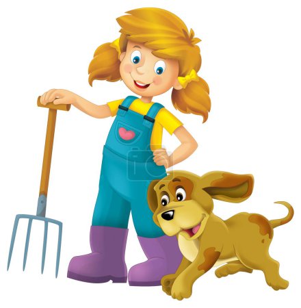 Photo for Cartoon scene with farmer girl standing with pitchfork and farm animal isolated background illustation for children - Royalty Free Image